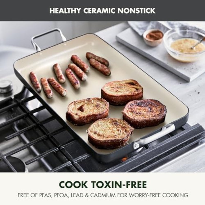 Healthy Ceramic Nonstick, 18" x 11" Double Burner Griddle Pan, PFAS-Free, Dishwasher Safe, Oven and Broiler Safe, Black - Image 2