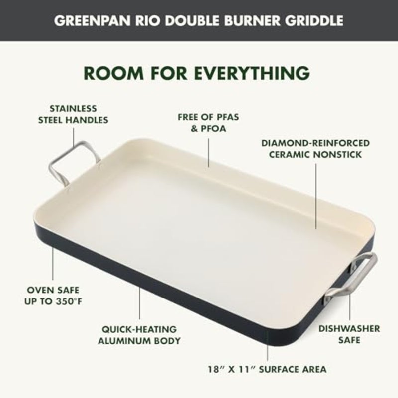 Healthy Ceramic Nonstick, 18" x 11" Double Burner Griddle Pan, PFAS-Free, Dishwasher Safe, Oven and Broiler Safe, Black - Image 3