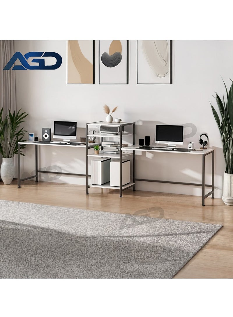AGD Computer and Gaming Desk, 3-Way Adjustable Design, Fits 2 People, with Book and Printer Shelf for Home, Office and Study, White - Image 4