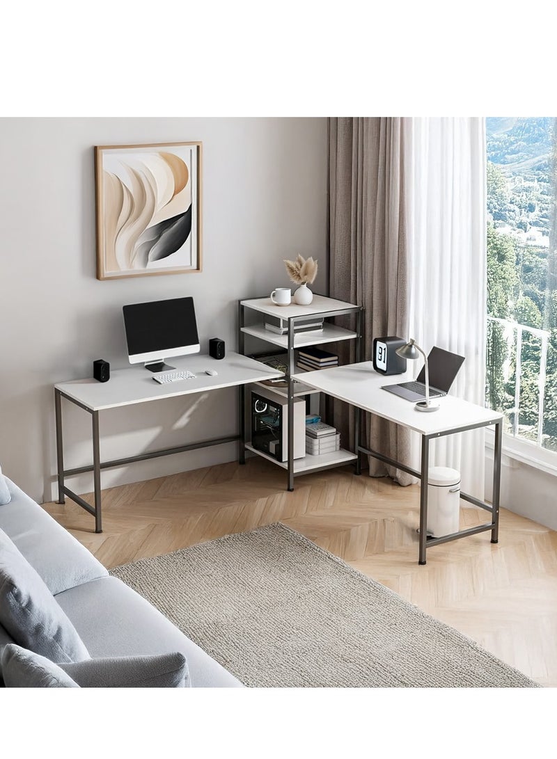 AGD Computer and Gaming Desk, 3-Way Adjustable Design, Fits 2 People, with Book and Printer Shelf for Home, Office and Study, White - Image 2