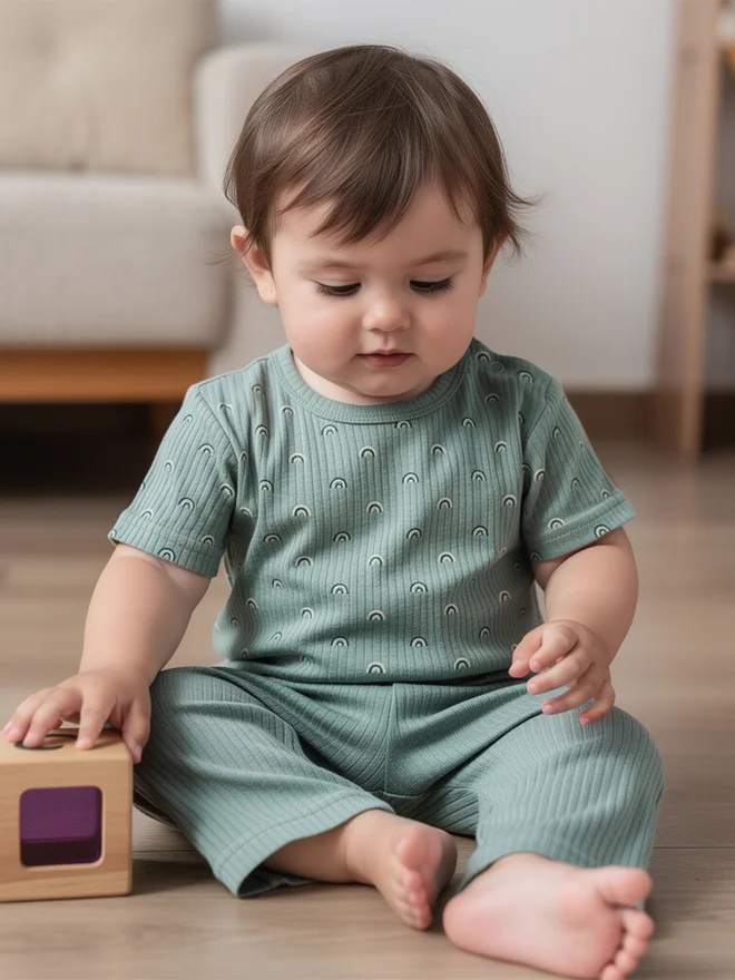 بابيز_بيسك Babies Basic Premium Ribbed Cotton Short Sleeves T-Shirt and Pyjama Set