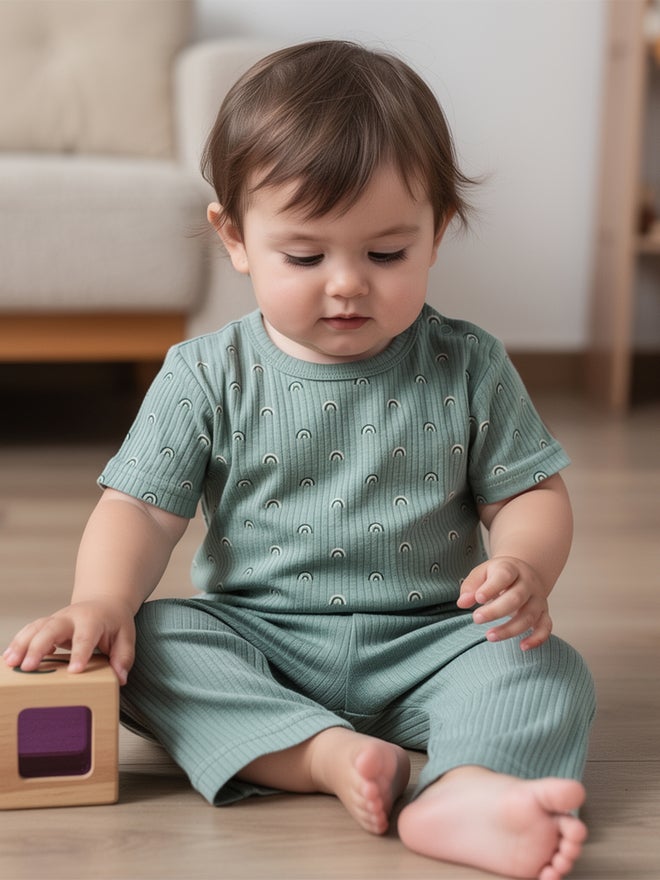 Babies Basic Premium Ribbed Cotton Short Sleeves T-Shirt and Pyjama Set - Image 2