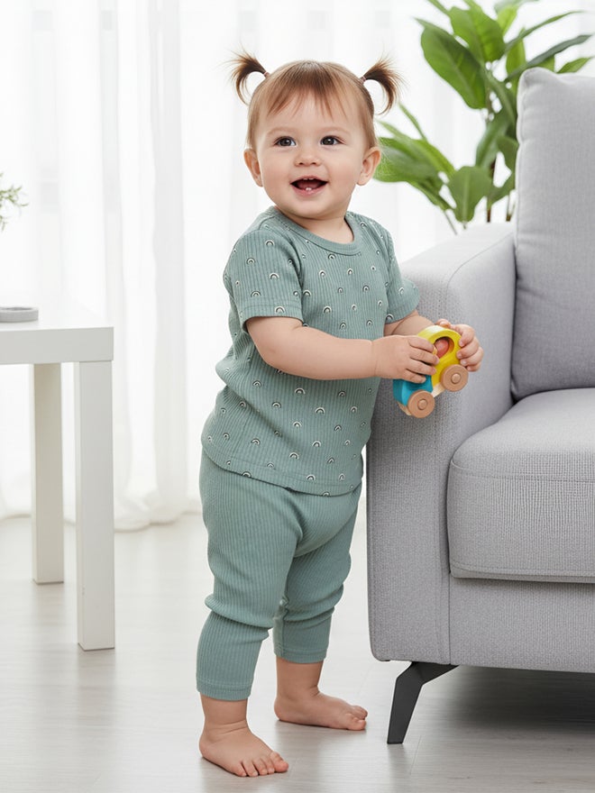Babies Basic Premium Ribbed Cotton Short Sleeves T-Shirt and Pyjama Set - Image 3