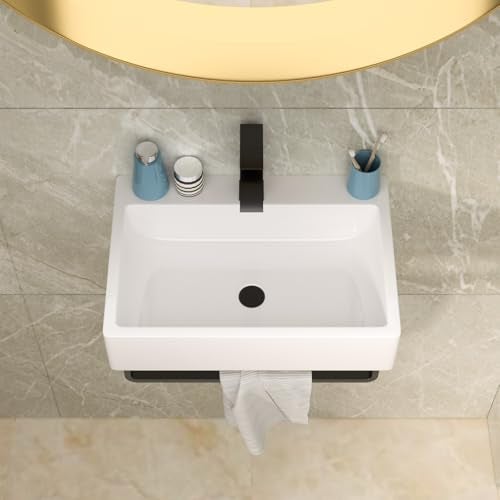 Lordear 21 x 14 Inch Wall Mounted Bathroom Sink with Towel Rack Modern White Wall Hung Sink for Small Bathrooms, Rectangular One Hole Porcelain Vanity Sinks - Image 5