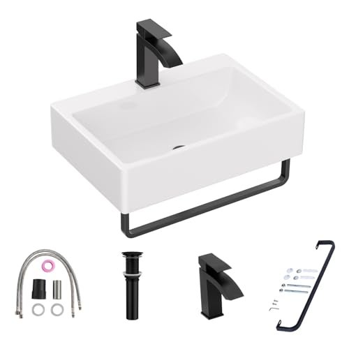 Lordear 21 x 14 Inch Wall Mounted Bathroom Sink with Towel Rack Modern White Wall Hung Sink for Small Bathrooms, Rectangular One Hole Porcelain Vanity Sinks - Image 1