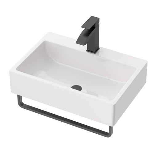 Lordear 21 x 14 Inch Wall Mounted Bathroom Sink with Towel Rack Modern White Wall Hung Sink for Small Bathrooms, Rectangular One Hole Porcelain Vanity Sinks - Image 2