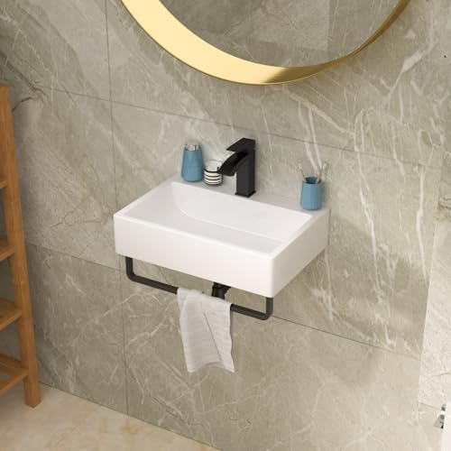 Lordear 21 x 14 Inch Wall Mounted Bathroom Sink with Towel Rack Modern White Wall Hung Sink for Small Bathrooms, Rectangular One Hole Porcelain Vanity Sinks - Image 4