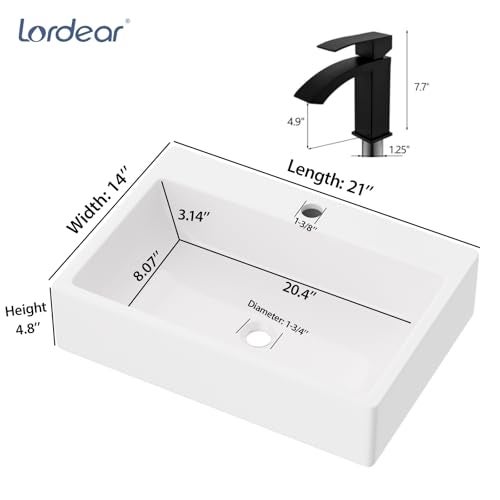 Lordear 21 x 14 Inch Wall Mounted Bathroom Sink with Towel Rack Modern White Wall Hung Sink for Small Bathrooms, Rectangular One Hole Porcelain Vanity Sinks - Image 3