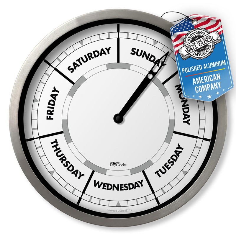 DayClocks Day of The Week Wall Clock with Aluminum Frame  Calendar Day Clock  Ideal Retirement Gift for Men  Women  10