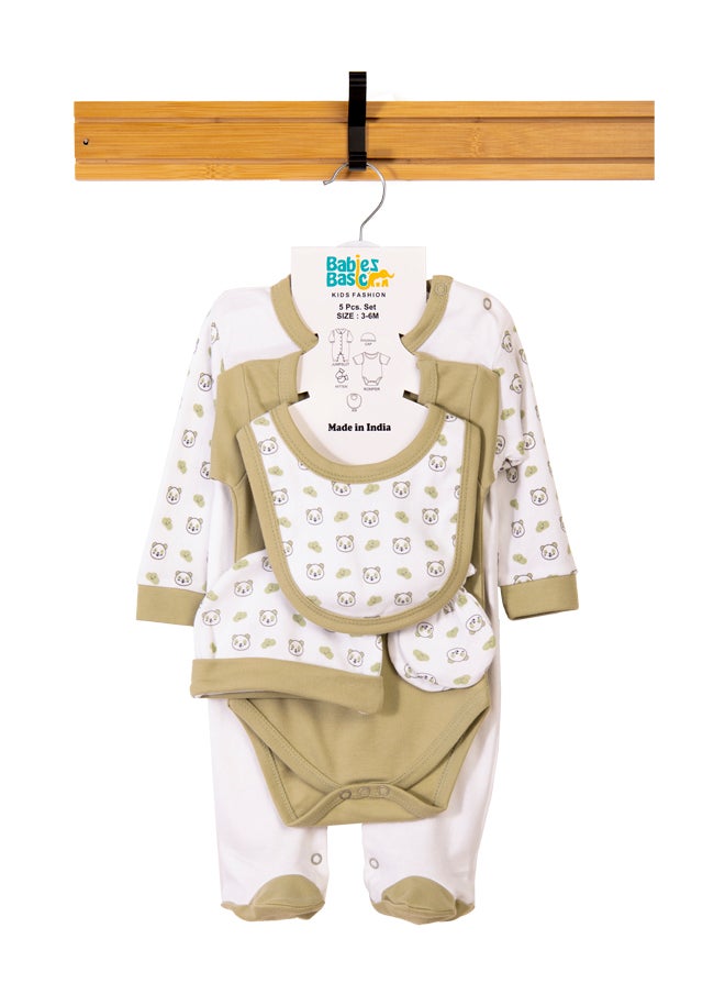 Babies Basic 5 Piece Unisex 100% Cotton Gift Set Include Bib, Romper, Mittens, Cap And Sleepsuit/Jumpsuit- Sleepy Panda  - Image 1