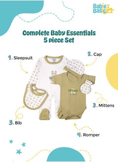 Babies Basic 5 Piece Unisex 100% Cotton Gift Set Include Bib, Romper, Mittens, Cap And Sleepsuit/Jumpsuit- Sleepy Panda  - Image 2
