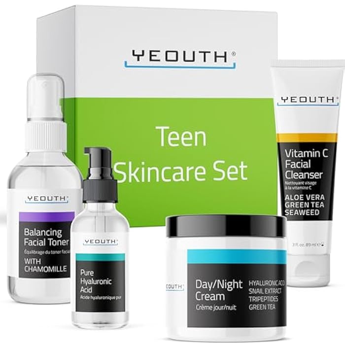 YEOUTH Skin Care Set: Hyaluronic Acid Serum, Vitamin C Cleanser, Toner & Face Cream, Teen Skincare Kit Girls & Boys 4-Piece Beauty Gifts - Image 1