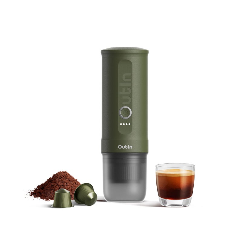 Outin آلة إسبريسو كهربائية نانو محمولة من أوت إن لصنع القهوة للسفر، ماكينة قهوة للسيارة، تسخين ذاتي مع USB-C، مع قهوة مطحونة وكبسولة NS للسيارات الترفيهية، التنزه، المكتب
