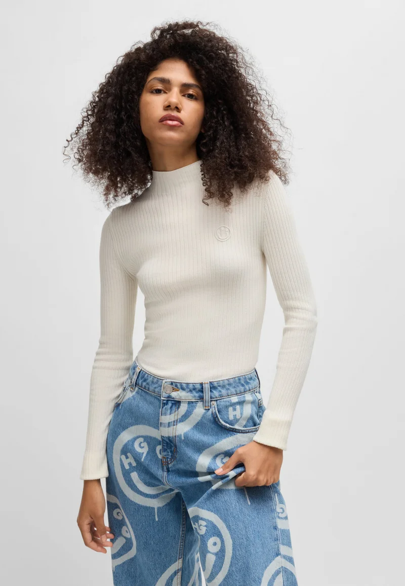 هوجو Mock-neck sweater with embroidered Happy HUGO logo