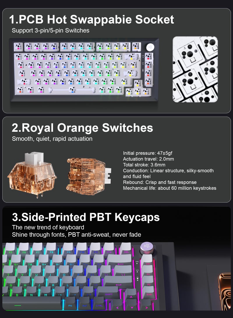 DuneVoyager Mono 82 Tri-mode Gasket 75% Mechanical Keyboard with CNC Knob, 5-Layer Padding, Hot Swappable, RGB Backlight - Image 3