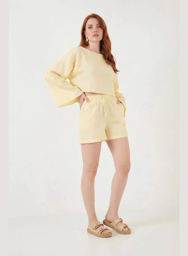 ليلا Lela Cotton Comfort Fit Round Neck Muslin Set with Shorts for Women SET 5866317