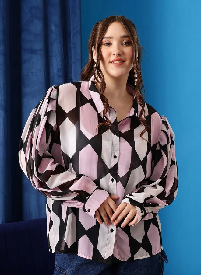 CURVY STREET Geometric Print Oversized Casual Shirt for Women