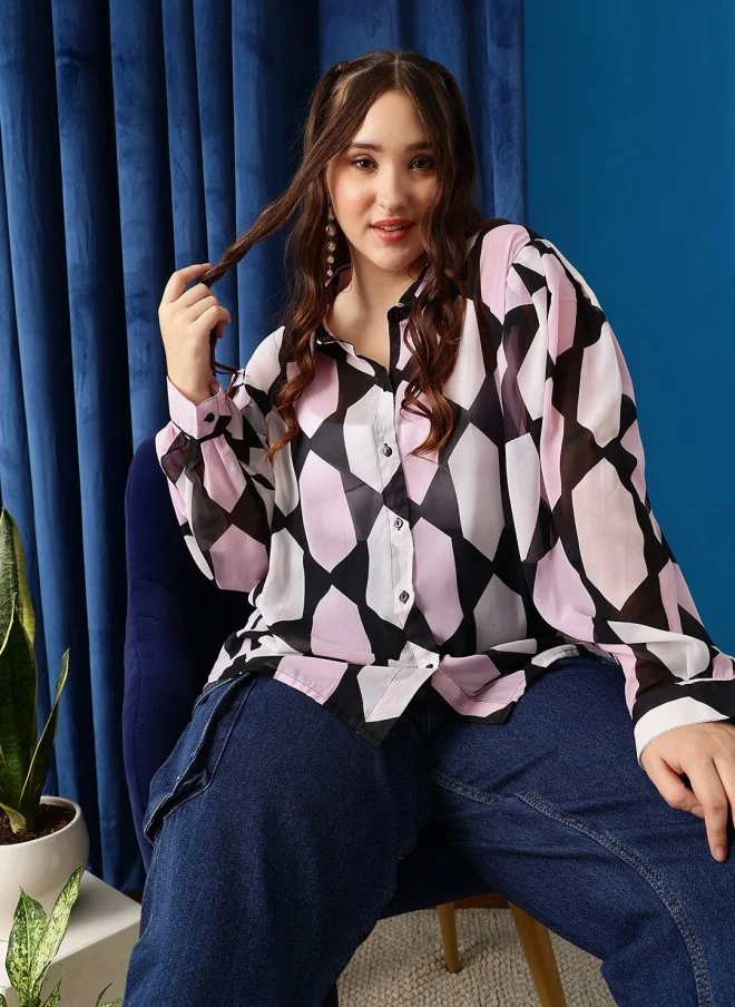 CURVY STREET Geometric Print Oversized Casual Shirt for Women