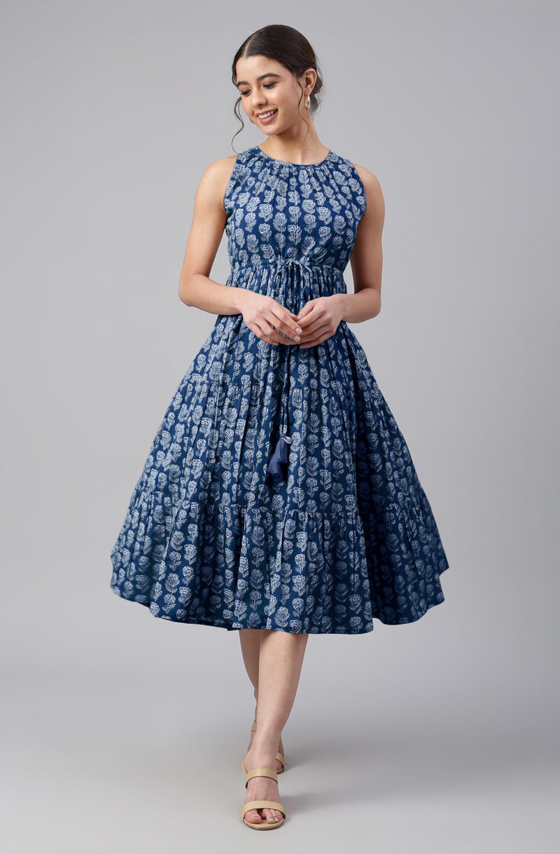 Janasya Women's Indigo Pure Cotton Floral Printed Tiered Dress (JAC24DR01521-2XL) - Image 2