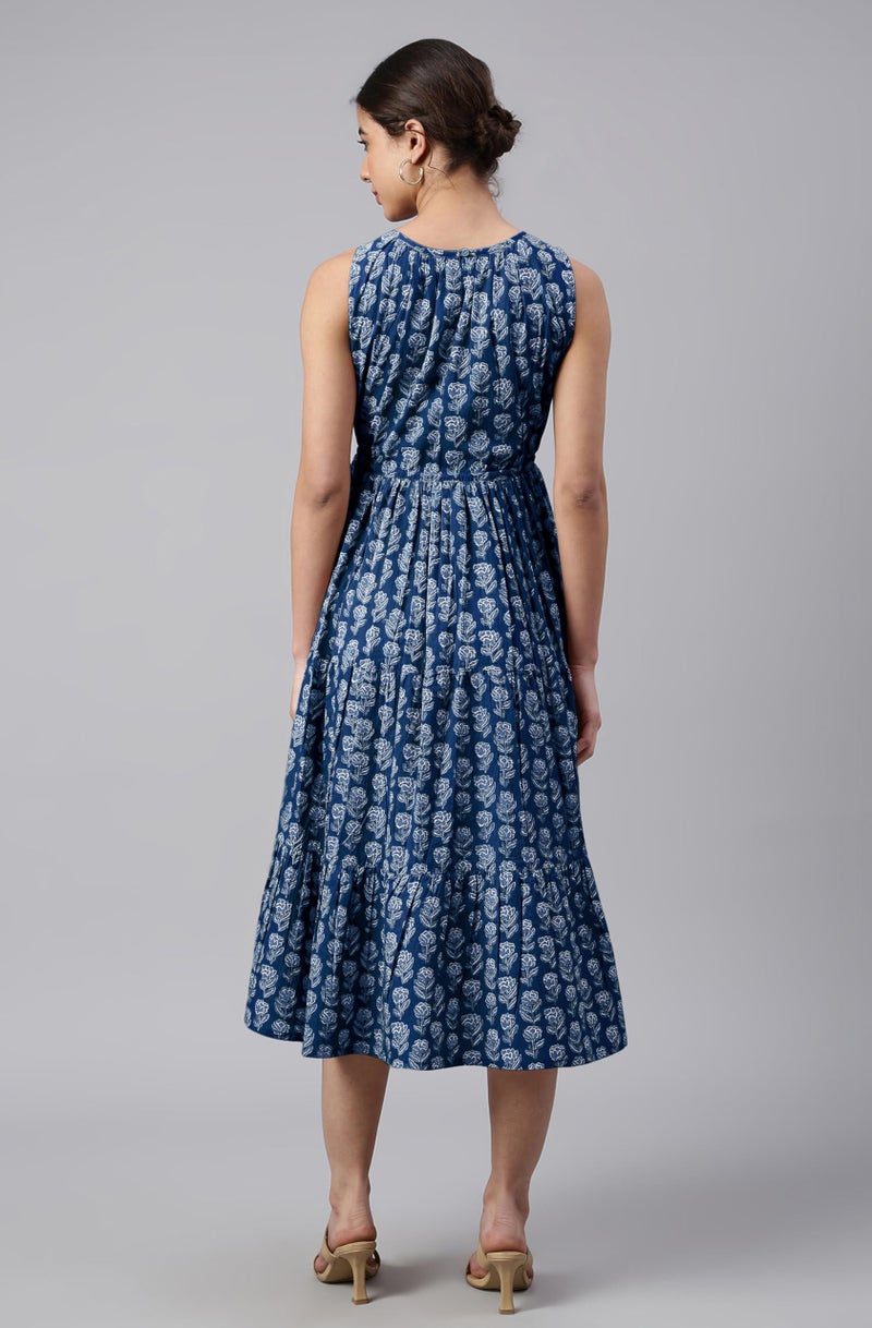 Janasya Women's Indigo Pure Cotton Floral Printed Tiered Dress (JAC24DR01521-2XL) - Image 5