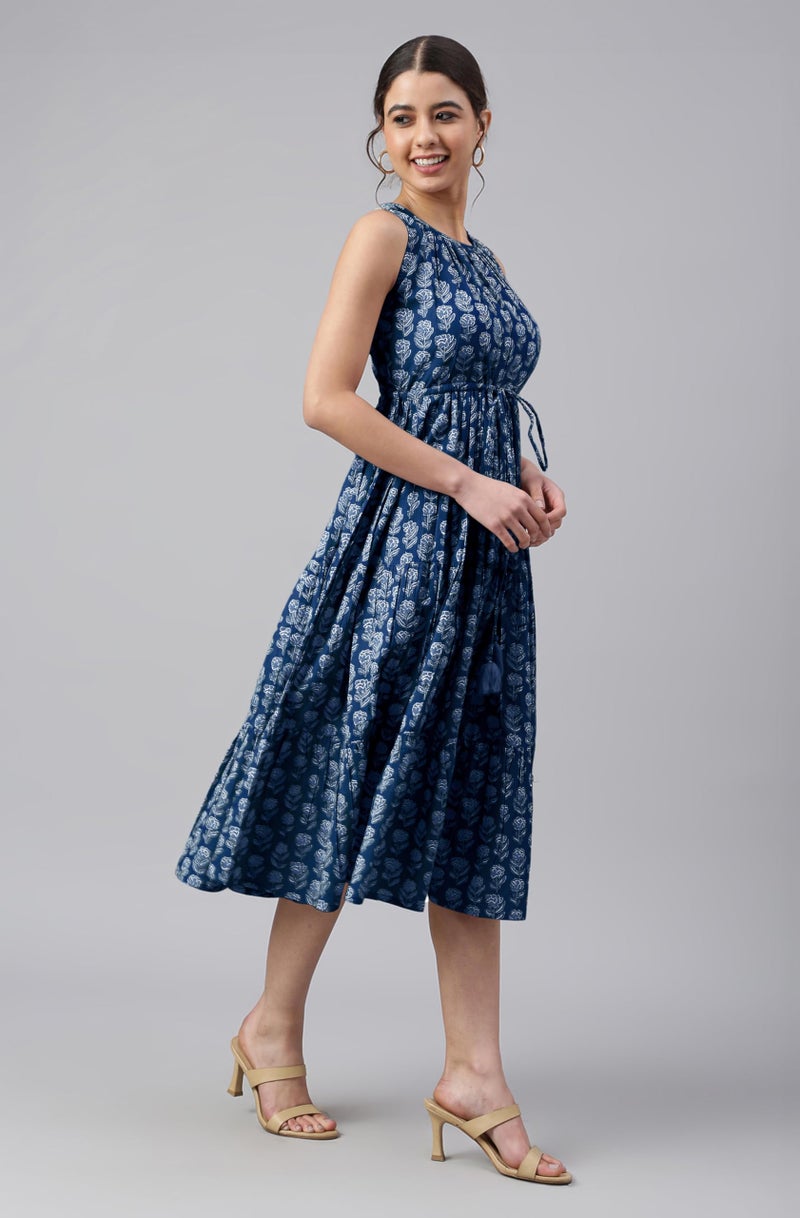 Janasya Women's Indigo Pure Cotton Floral Printed Tiered Dress (JAC24DR01521-2XL) - Image 4