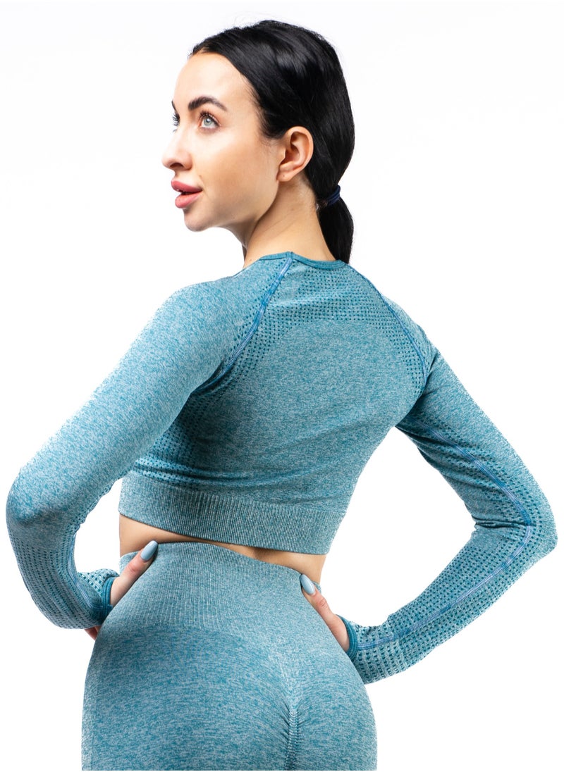 Generic - Nylon Melange Long Sleeve Crop Top with Round Neck Women's Cropped T Shirt for Workout Yoga Running Exercise Textured Blue Ocean - Image 1