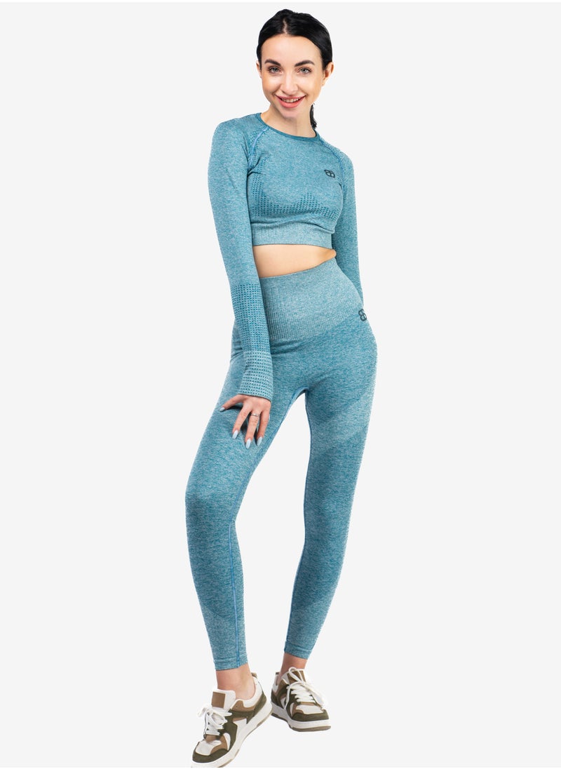 Generic - Nylon Melange Long Sleeve Crop Top with Round Neck Women's Cropped T Shirt for Workout Yoga Running Exercise Textured Blue Ocean - Image 1