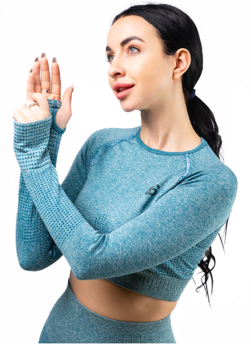 Generic - Nylon Melange Long Sleeve Crop Top with Round Neck Women's Cropped T Shirt for Workout Yoga Running Exercise Textured Blue Ocean - Image 1