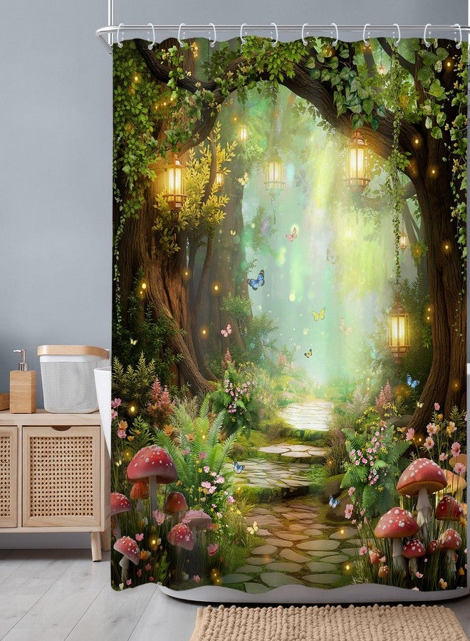 Newsely Fantasy Fairy Path Shower Curtain 60Wx72L Inch Magical Enchanted Misty Jungle Mushroom Floral Tree Butterfly Bathroom Set Wonderland Plant Waterproof Bath Decoration Accessories Home Decor - Image 2