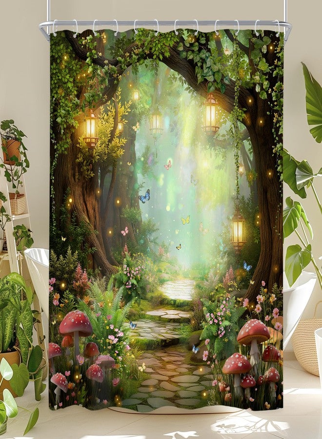 Newsely Fantasy Fairy Path Shower Curtain 60Wx72L Inch Magical Enchanted Misty Jungle Mushroom Floral Tree Butterfly Bathroom Set Wonderland Plant Waterproof Bath Decoration Accessories Home Decor - Image 1