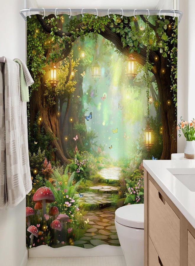 Newsely Fantasy Fairy Path Shower Curtain 60Wx72L Inch Magical Enchanted Misty Jungle Mushroom Floral Tree Butterfly Bathroom Set Wonderland Plant Waterproof Bath Decoration Accessories Home Decor - Image 3
