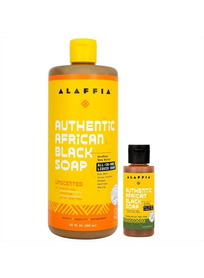 Alaffia Authentic African Black Soap Variety 2-Pack – All-In-One Liquid Soap, Travel-Size Eucalyptus Tea Tree + Full-Size Unscented Body Wash, Face Wash, Shampoo, Shaving Soap - Image 1