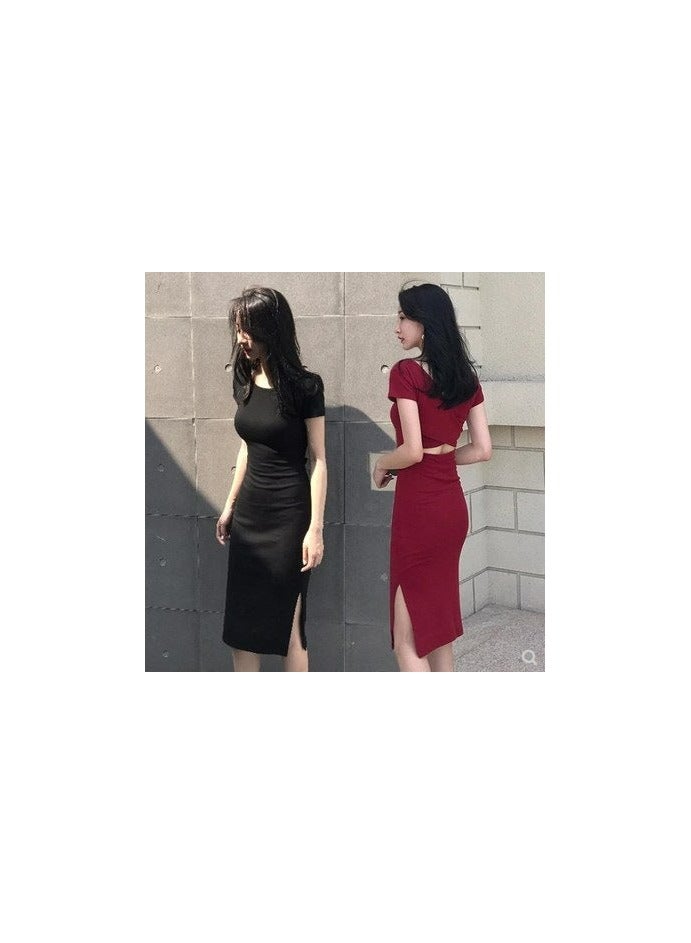 Korean Style Bodycon Midi Dress with Short Sleeve and Slit - Image 1