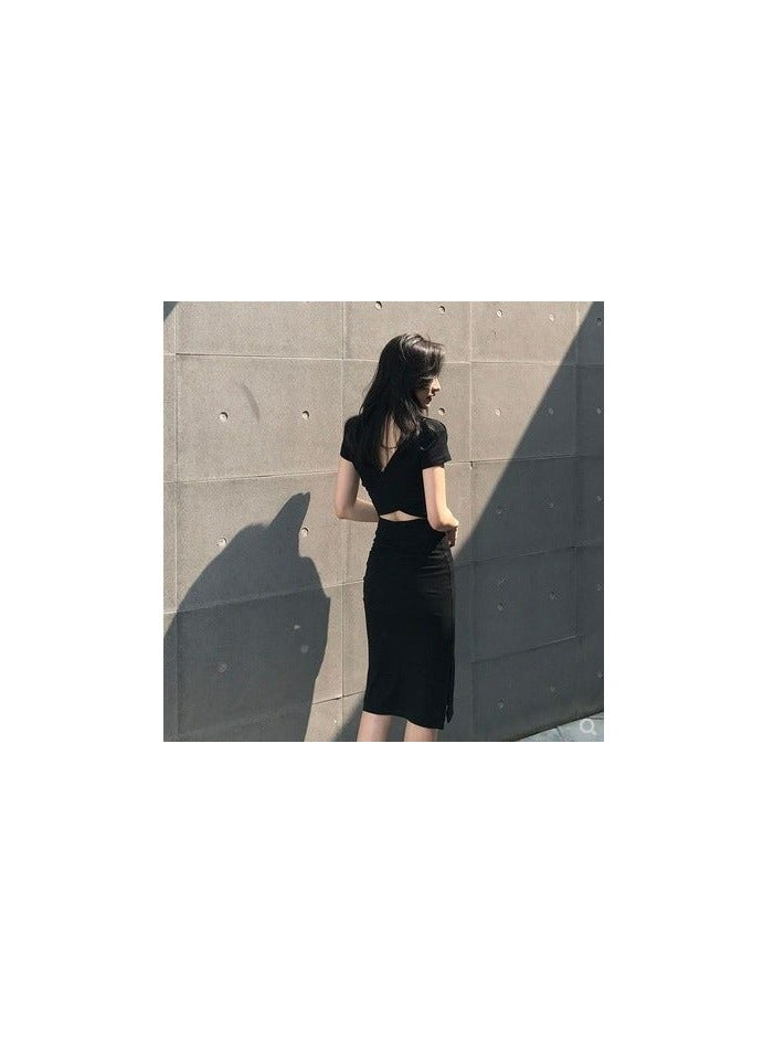 Korean Style Bodycon Midi Dress with Short Sleeve and Slit - Image 2