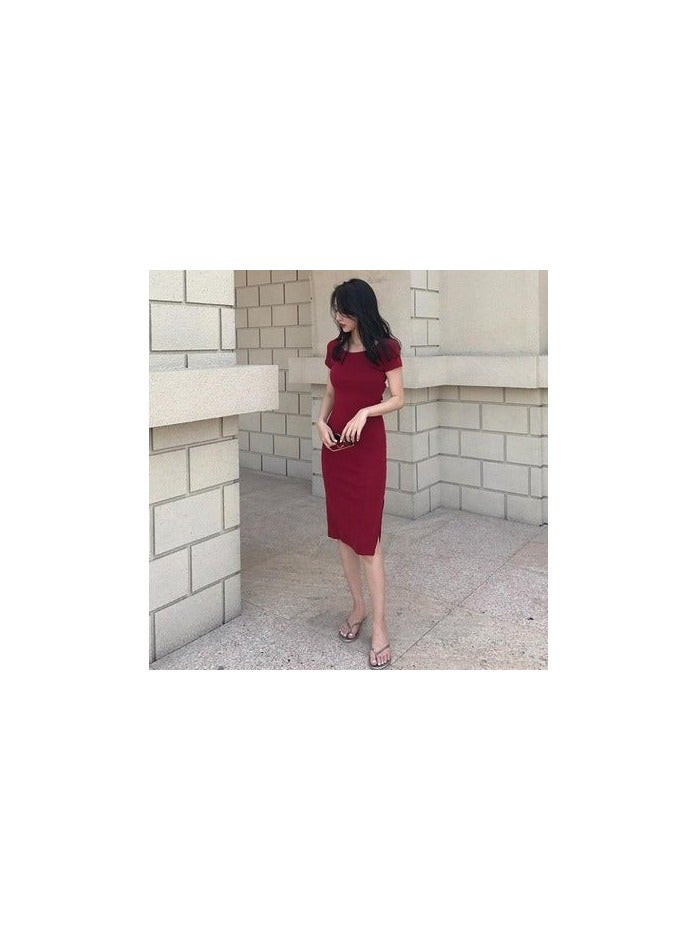Korean Style Bodycon Midi Dress with Short Sleeve and Slit - Image 3