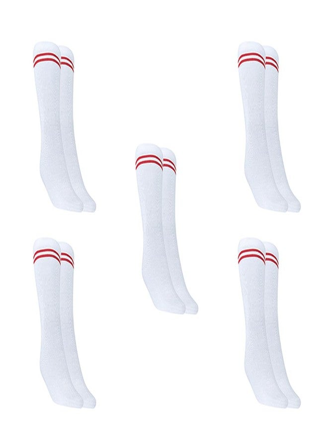 MUKHAKSH (Pack of 5 Pairs = 10 Socks Girls Kids White Socks with Red Stripes Border Lining White with Red Stripes Calf Length - Image 1