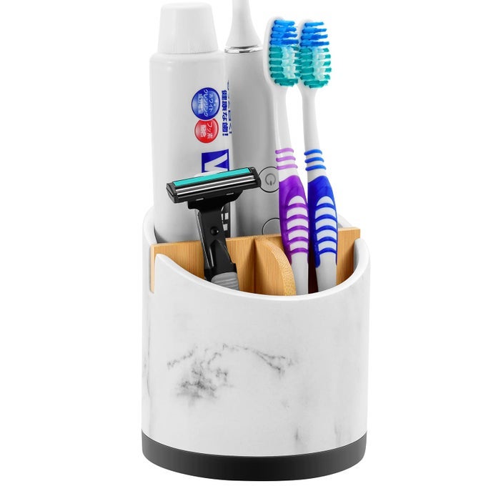 TOOTHBRUSH HOLDERS FOR BATHROOMS 3 SLOTS TOOTHPASTE HOLDER STORAGE MARBLE LOOK BATHROOM ORGANIZER COUNTERTOP FOR SINKVANITYMAKEUP ROUND BATH ROOM ACCESSORIES WHITE RESIN WITH BAMBOO
