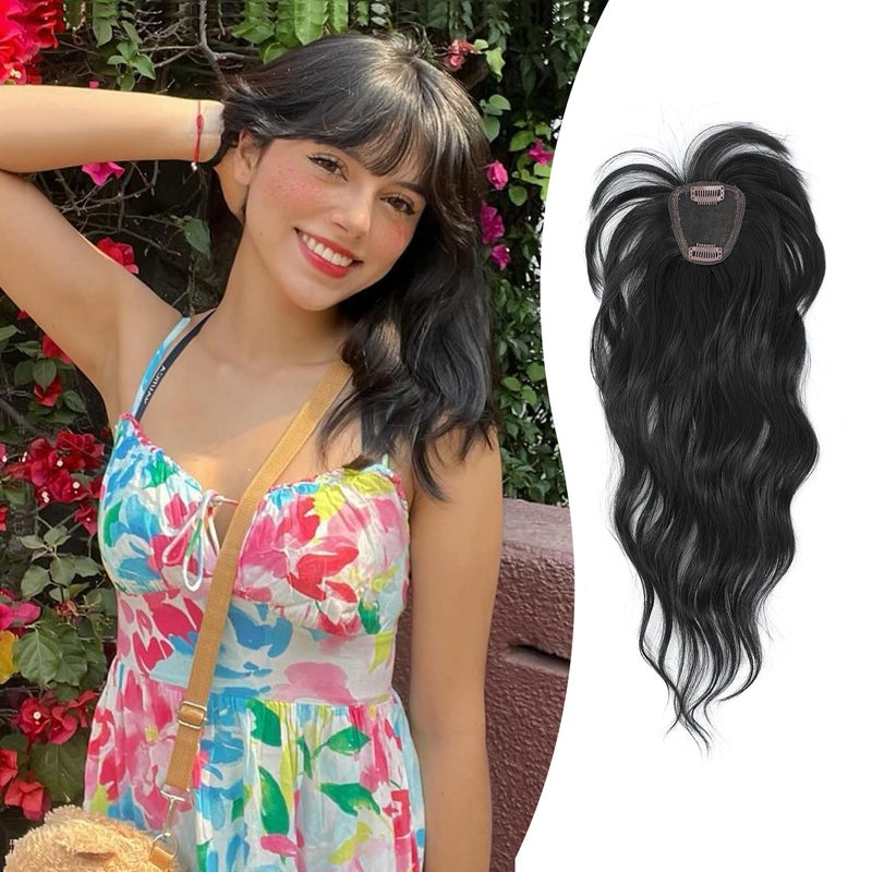 PANEWAY Hair Topper with Bangs Hair Clip 360 3D Cover Clip in Bangs Natural Black Wavy Fake Bangs Hair Toppers for Women with Thinning Hair Synthetic Hair Pieces For Women