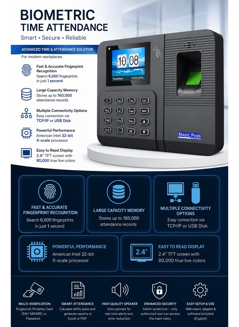 MAJIK Magic Pass MP-20656 Fingerprint, Card & Password Time Attendance Machine with 2.4 Inch TFT Screen & TCP/IP - Image 2