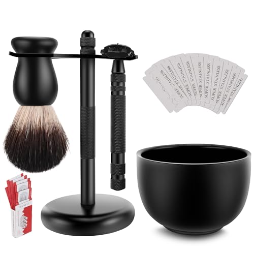 Amazing Safety Razor Shave Kit Mysterious Black Mens Shaving Grooming Sets Butterfly Open Safety RazorFriendly BrushGreat Shaving StandShaving Soap Bowl Super Stainless Blades