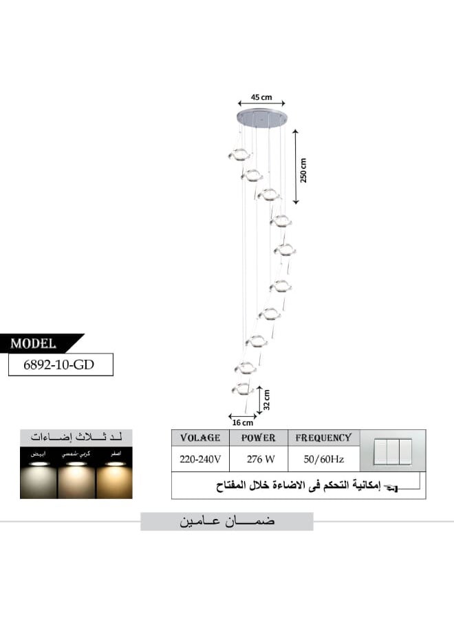 Best Power Modern LED Chandelier 6892-10, 10 Lights with 3 Lighting Levels, 276W, Adjustable Length Up to 250 cm, Luxury Ceiling Light for Living Room, Dining Room, Bedroom & More  - Image 3