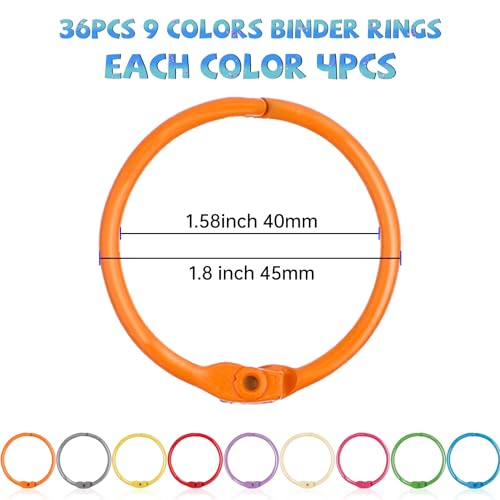 AKONEGE 1.8 Inch (36 Pack) Metallic Loose Leaf Binder Rings 45mm Colorful Metal Steel Book Rings Keychain Key Rings Notebook Paper Rings for Index Cards Flash Cards for School Office Home, 9 Colors - Image 2