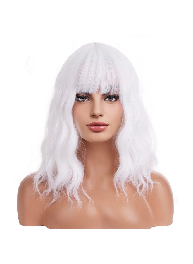 BERON 14 Inches White Wig Short Curly Wig Women Girl'S Synthetic Wig White Wig With Bangs Wig Cap Included - Image 2