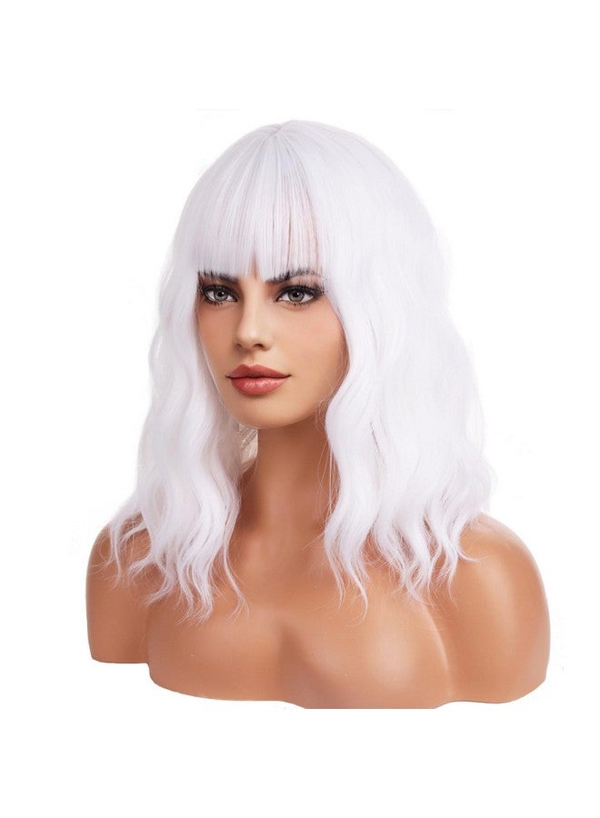 BERON 14 Inches White Wig Short Curly Wig Women Girl'S Synthetic Wig White Wig With Bangs Wig Cap Included - Image 1