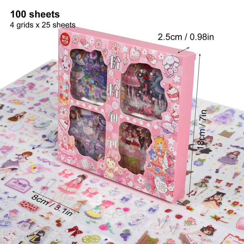 EAMOTOL 100 Sheets Kawaii Girls Stickers Kit for Journaling - Cute Sweet Cartoon PET Transparent Collage Scrapbooking Supplies Sticker Decal for Junk Journals Handbook Laptop Cards DIY Arts Crafts - Image 2