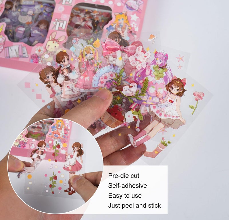 EAMOTOL 100 Sheets Kawaii Girls Stickers Kit for Journaling - Cute Sweet Cartoon PET Transparent Collage Scrapbooking Supplies Sticker Decal for Junk Journals Handbook Laptop Cards DIY Arts Crafts - Image 4