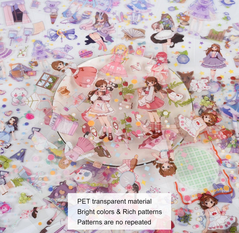 EAMOTOL 100 Sheets Kawaii Girls Stickers Kit for Journaling - Cute Sweet Cartoon PET Transparent Collage Scrapbooking Supplies Sticker Decal for Junk Journals Handbook Laptop Cards DIY Arts Crafts - Image 3