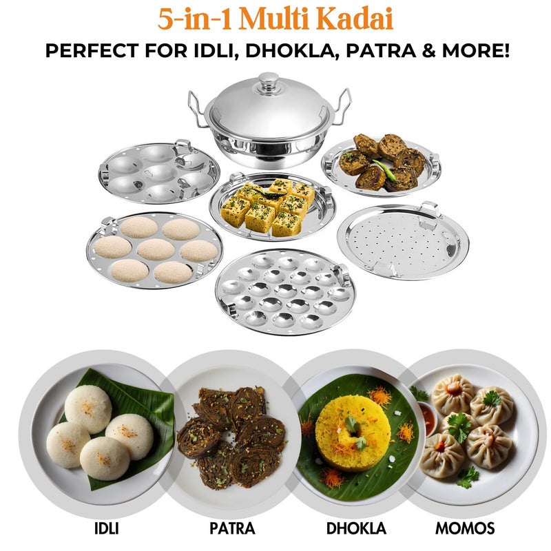 Kraft Stainless Steel Multi Kadai 5 Litre - 6 plate, 28 cm | 2 Idli, 2 Dhokla, 1 Patra & Mini Idli Plates | All in one Multipurpose idli dhokla maker | Induction and Gas Base Steamer - Image 4