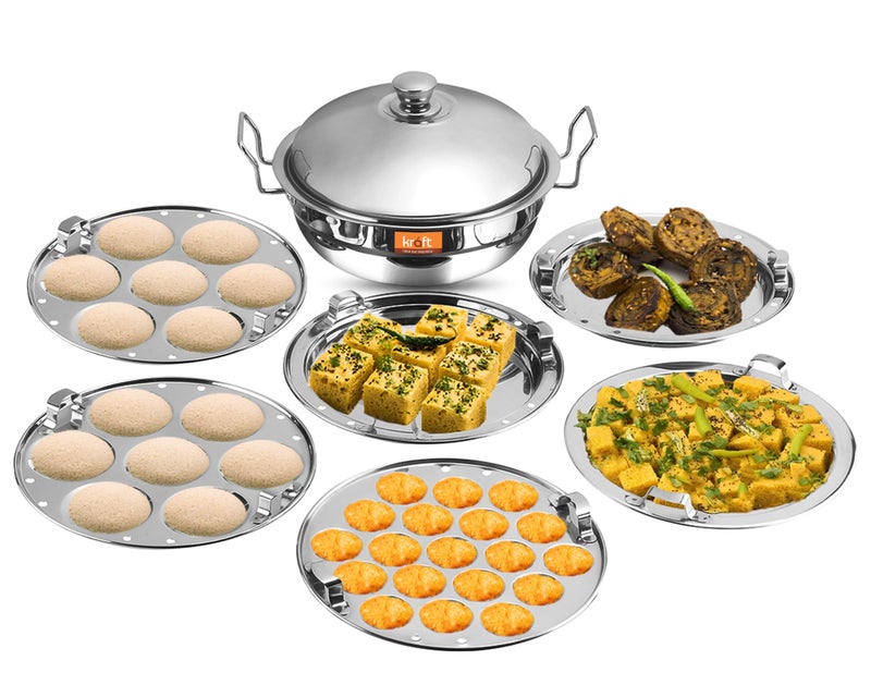 Kraft Stainless Steel Multi Kadai 5 Litre - 6 plate, 28 cm | 2 Idli, 2 Dhokla, 1 Patra & Mini Idli Plates | All in one Multipurpose idli dhokla maker | Induction and Gas Base Steamer - Image 1