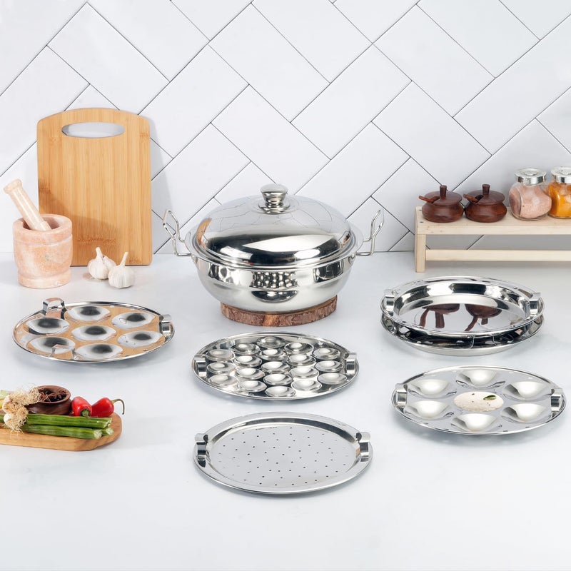 Kraft Stainless Steel Multi Kadai 5 Litre - 6 plate, 28 cm | 2 Idli, 2 Dhokla, 1 Patra & Mini Idli Plates | All in one Multipurpose idli dhokla maker | Induction and Gas Base Steamer - Image 2